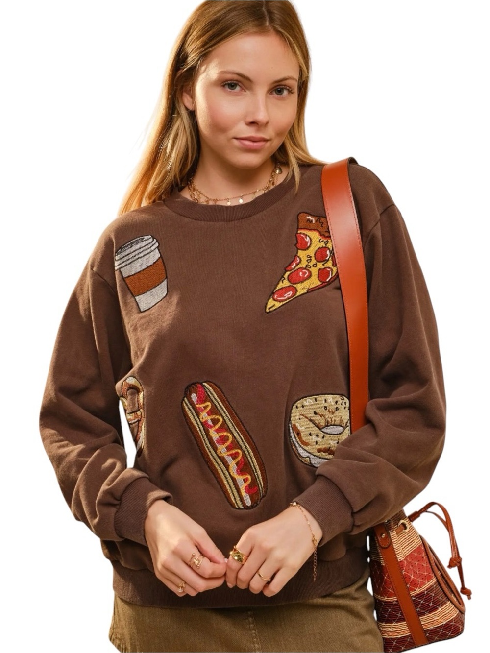 NEW blue b Brown Bagel Coffee Pizza Pretzel Hot Dog Latte Embroidered Sweatshirt